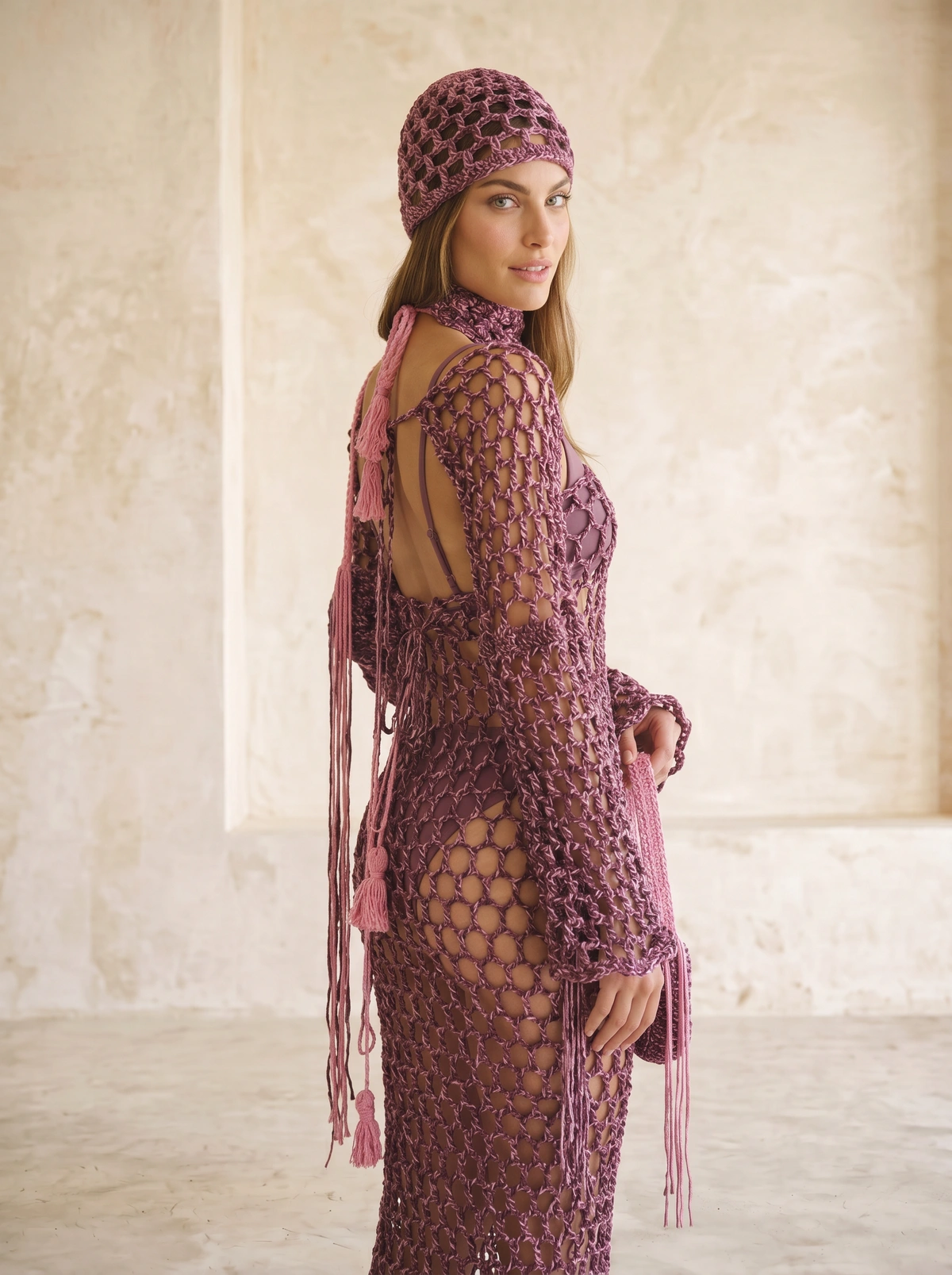 Rosé Crochet Backless Maxi Dress